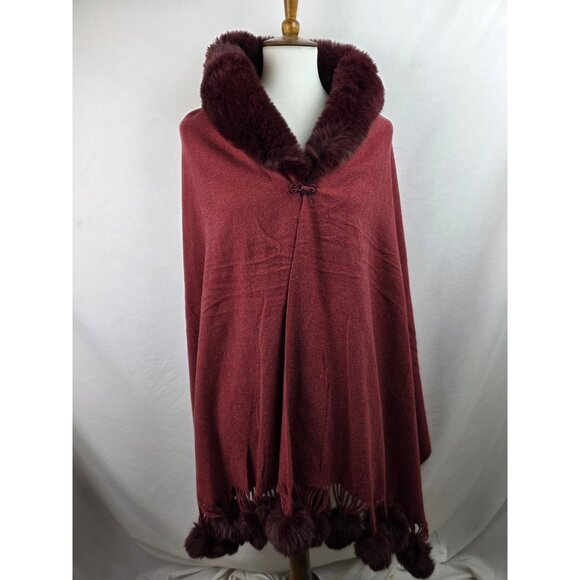 Pretty Persuasions Women's Scarf Shoulder Shawl Wrap Burgundy Faux Fur Tassels - Picture 1 of 16